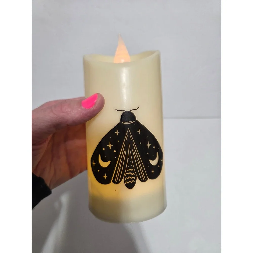 Celestial Moth LED Flameless Pillar Candle Black Moon Stars Gothic Halloween